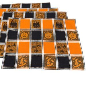 Halloween Placemats Set of Four Pumpkin Orange Black Check Cotton Tapestry